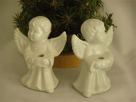 Vintage Pair Of White Ceramic Angels Candle Holders Etsy Ceramic