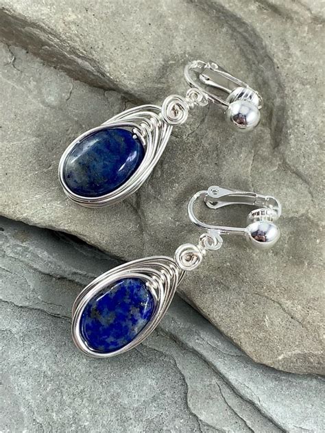 Lapis Lazuli Clip On Earrings For Women Blue Natural Stone Etsy
