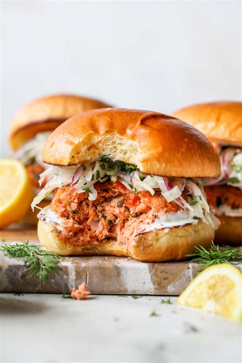Salmon Burgers With Lemon Caper Spread And Fennel Slaw Dishing Out Health