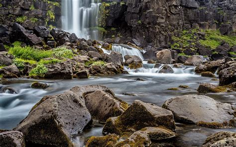 Mountain Waterfall River Stream Stones Mountains Iceland Hd