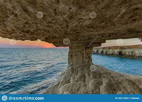 Sea Caves At Sunset Mediterranean Sea Nature Composition Stock Photo