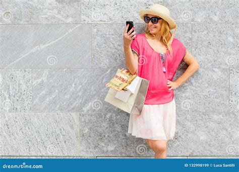 beautiful woman doing selfie with shopping bags stock image image of sale girl 132998199