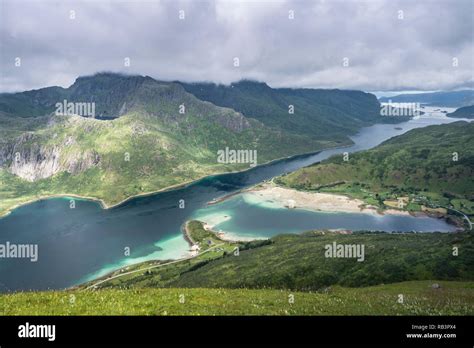 View From Mountain Range Above Village Raften Down To Shore At The
