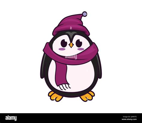 Cute And Sweet Penguin Wearing Warm Hat And Scarf With Cartoon Style