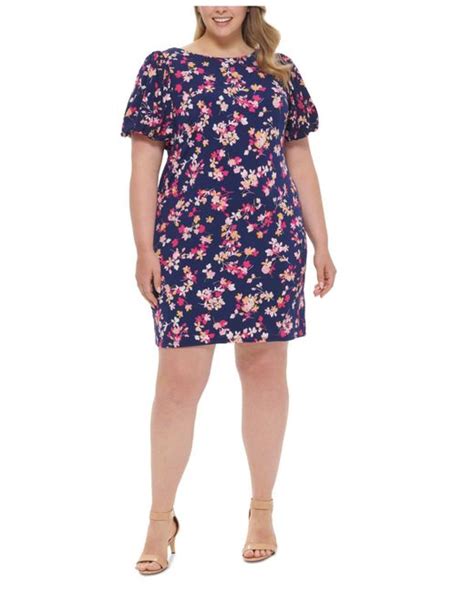 Jessica Howard Plus Size Floral Print Puff Sleeve Sheath Dress In Blue