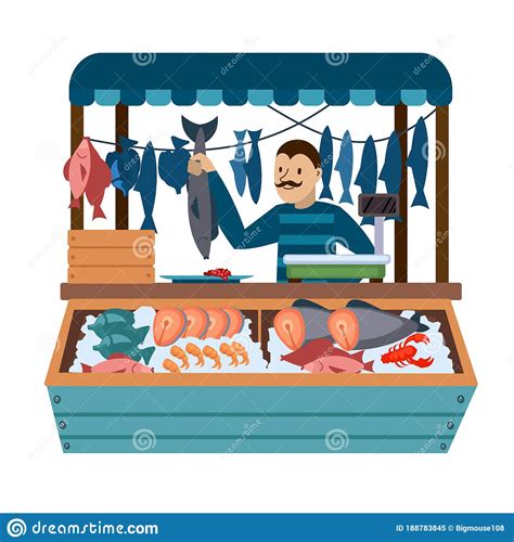 Cartoon Color Character Person Male And Food Market Fish Concept