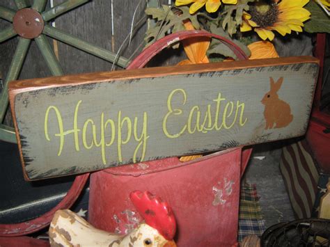 Primitive Wood Sign Easter Holiday Bunny Rabbit Happy