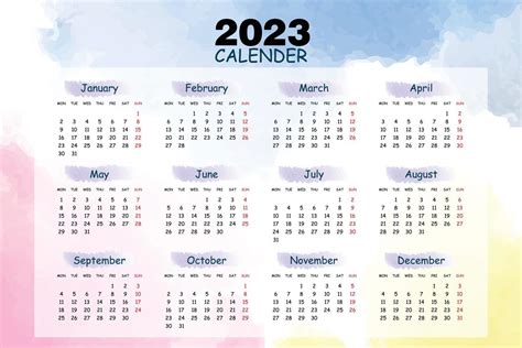 2023 Calendar Year Vector Illustration Watercolour Multicoloured