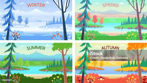 landscape four seasons winter spring summer autumn forest landscape with trees bushes flowers