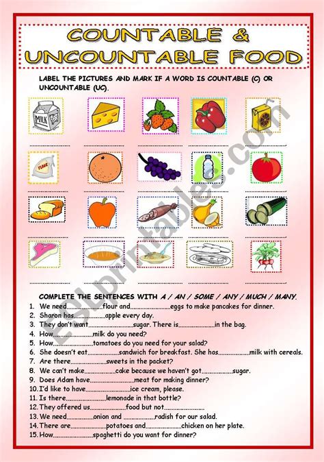 Countable And Uncountable Food Some Any A An Much Many Esl