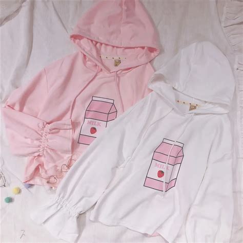 Buy Cute Graphic Pink Hoodies Women Japanese Kawaii Strawberry Milk White