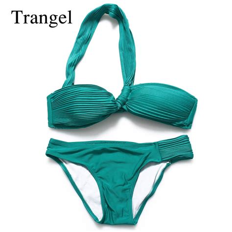 Trangel 2018 Summer Bikini Women Solid Bikini Halter Push Up Swimwear Swimsuit Thong Bottom