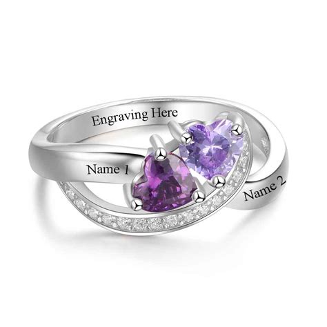 Personalized Promise Ring Heart Birthstone Engraved Names
