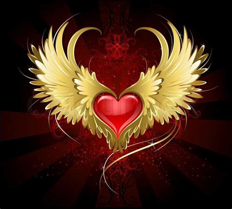 Bright Red Heart Of An Angel With Golden Wings Shining In The Dark