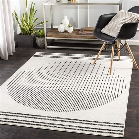 Black And White Geometric Scandinavian Rug With Striped Circle Modern