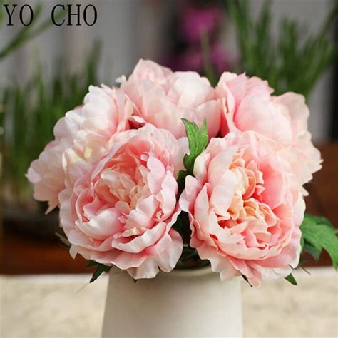 YO CHO Peony Artificial White Flowers Wedding Home Decoration Fake Rose Flowers Table Vase