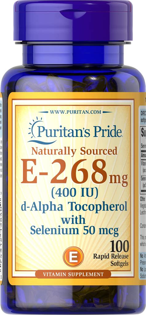 Vitamin E With Selenium 400 Iu Natural 100 Softgels 3840 Puritans