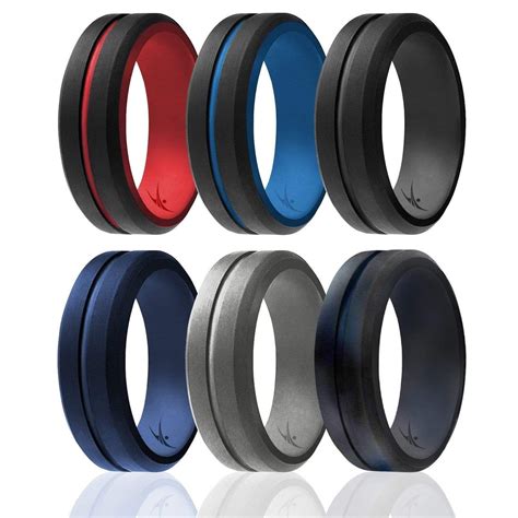 6 Pack Silicone Ring For Men Engraved Middle Line Duo Collection Roq