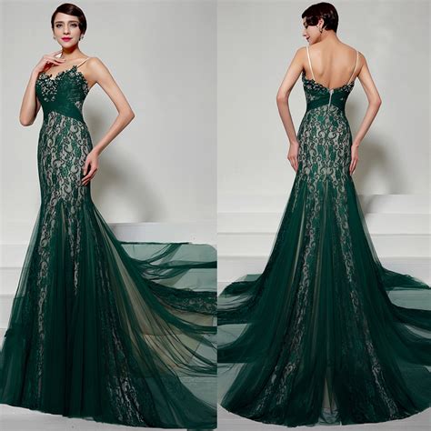 Emerald Green Evening Dresses 2016 Spaghetti Straps Long Lace Mermaid