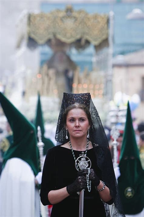 Woman Dressed In Mantilla During A Procession Of Holy Week Editorial