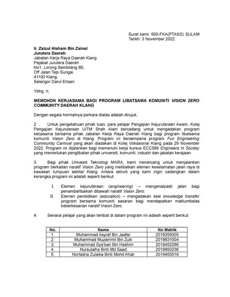 Surat Memohon Kerjasama Bagi Program Libatsama Komuniti Kuala Selangor