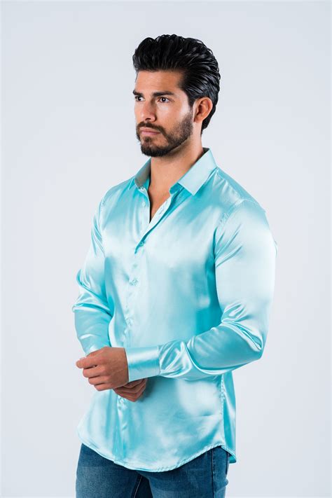 Mens Satin Aqua Dress Shirt Platini Jeans Shirt Outfit Men Blue