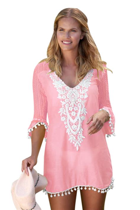 Tamara Women Crochet Pom Pom Trim Beach Tunic Cover Up Pink Amber Millet