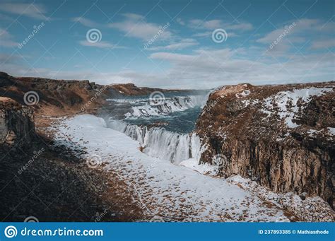 Gullfoss Waterfall View In The Canyon Of The Hvita River During Winter