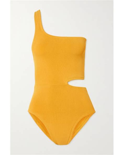 Hunza G Net Sustain Lena Nile One Shoulder Cutout Seersucker Swimsuit In Yellow Lyst