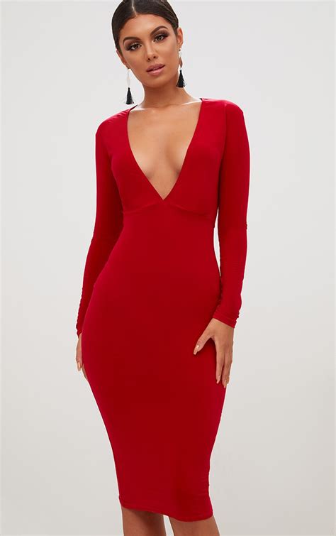 Red Long Sleeve Midi Bodycon Dress Hot Cotton Brand Womens Fashion