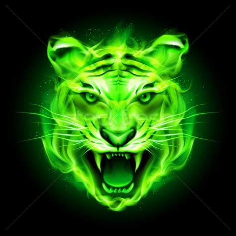 A Green Tiger With Its Mouth Open And Glowing In The Dark On A Black