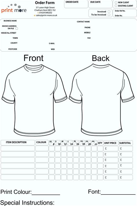 printable order forms  shirt template update