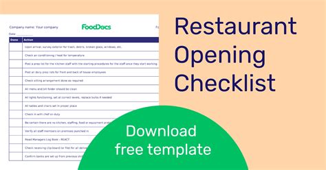 Restaurant Opening Checklist Download Free Template