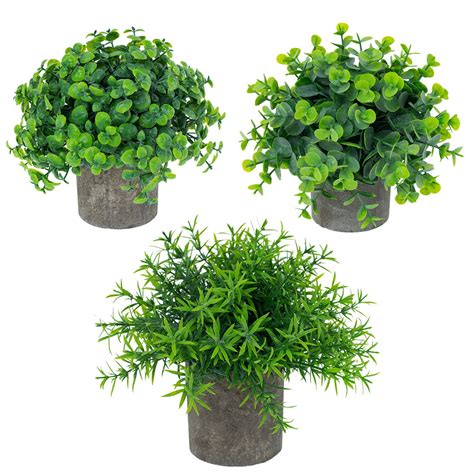 3 Pack Small Potted Artificial Plants Mini Faked Plants In Cement Pulp