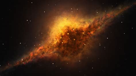 Space With Luminous Yellow Galaxy And Dirty Clouds On Black Sky