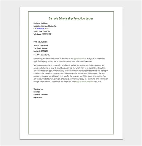 Scholarship Rejection Letter Samples Formats And Examples