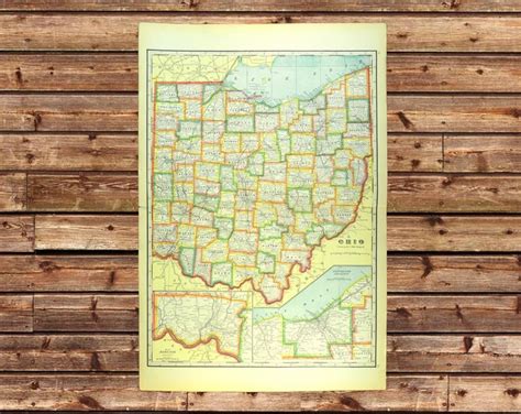 Large Antique Ohio Map Of Ohio Wall Art Decor Vintage Original Etsy