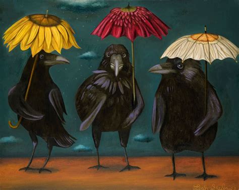 Ravens Rain Umbrella Humor Surreal Raven Storm Crow Black Bird