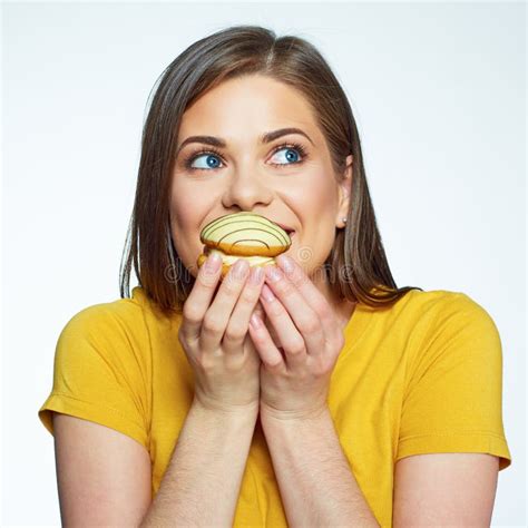 Face Portrait Of Smiling Woman Biting Cake Stock Image Image Of Beautiful Calories 116155607