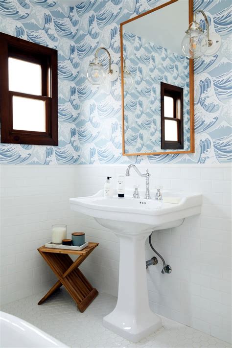 With just a click of a button, your 2d drawing is converted instantly to a 3d drawing. Blue Small Bathroom With Wave Wallpaper | HGTV