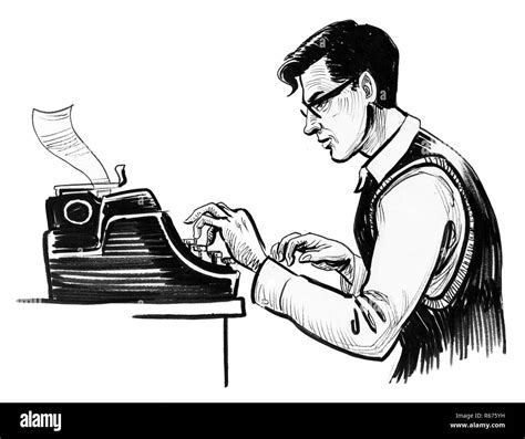 Ink Black And White Drawing Of A Young Writer Typing Text On Retro