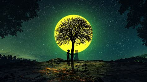Download Wallpaper 2048x1152 Silhouettes Love Tree