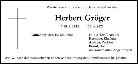 Traueranzeigen Von Herbert Gr Ger Augsburger Allgemeine Zeitung