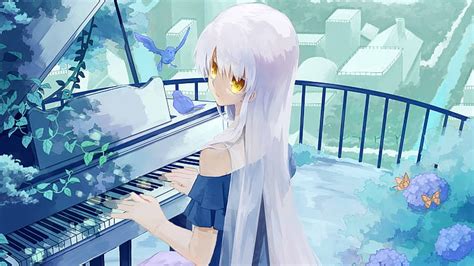 Anime Orijinal Kız Piyano Beyaz Saç Sarı Gözler Hd Masaüstü Duvar