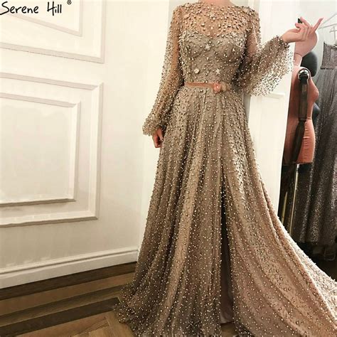 Muslim Long Sleeve Beaded Formal Evening Prom Party Gown Dress Gowns