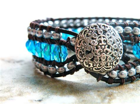 Items Similar To Boho Tropical Blue And Silver Beaded Leather Wrap Cuff