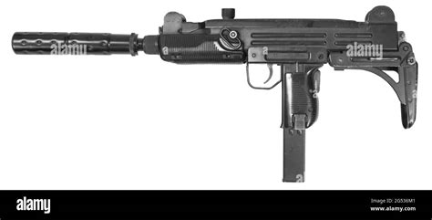 Uzi Submachine Gun With Silencer Isolated On White Background Stock