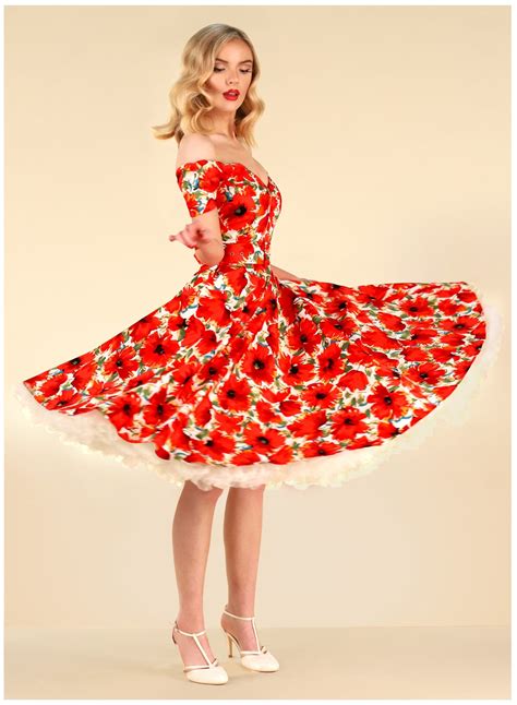 Dee Dee Red Poppy Ivory Floral 50s Full Circle Dress British Retro