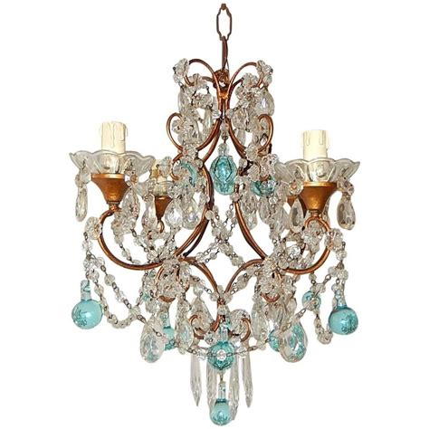 C 1920 French Aqua Blue Murano Drops Crystal Prisms Chandelier