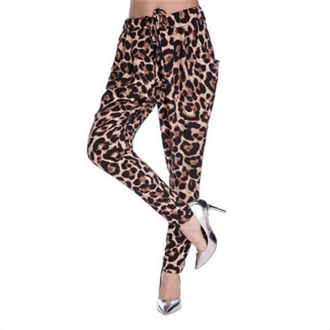 High Quality Women Leopard Print Pants Lace Up High Waist Female Pencil